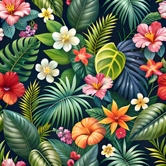 Tropical Flowers and Leaves Seamless Pattern. Vibrant Floral Design