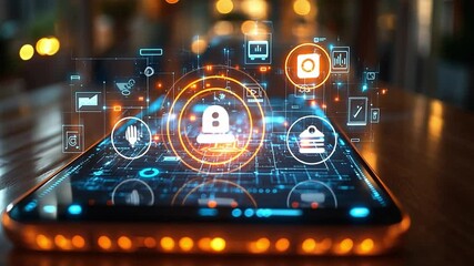 A smartphone with digital security icons glowing on a table in a modern cafe during nighttime - Powered by Adobe