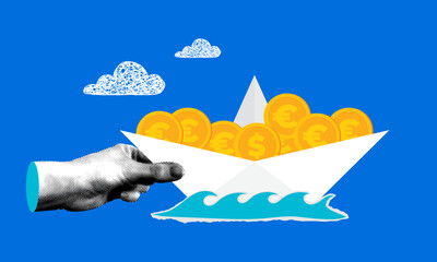 Halftone hand guides a origami ship full of money. Leading to financial success. Modern collage.  Leadership concept. Boat with investments
