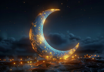 Fototapeta premium Glowing Crescent Moon with Stars Against a Night Sky