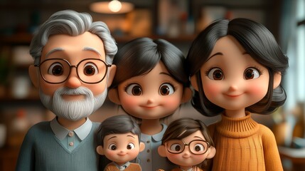 Charming Family Portrait of Five Adorable Animated Characters with Soft Lighting and Warm Interior Background