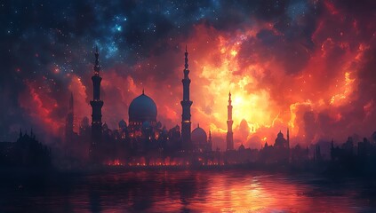 Fototapeta premium A Vibrant Digital Art Scene of a Cityscape with Domes and Spires Against a Dramatic Starry Sky
