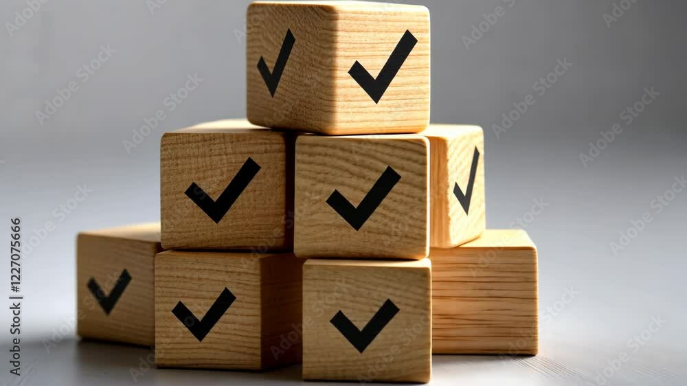 Poster Stacked wooden blocks with check marks illustrate a theme of accomplishment in a simple, clean environment