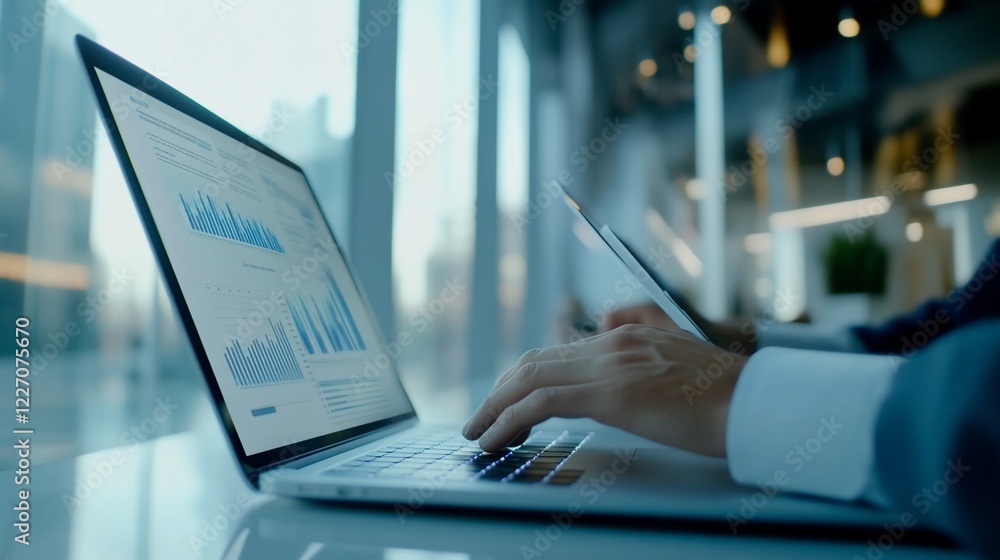 Poster a person is working on a laptop with charts and graphs displayed on the screen