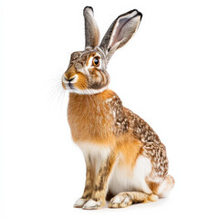 Obraz premium Brown hare sitting, alert, isolated on white.