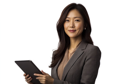 Elegant Asian businesswoman holding a sleek tablet, wearing a professional blazer and a confident expression, isolated on a white background