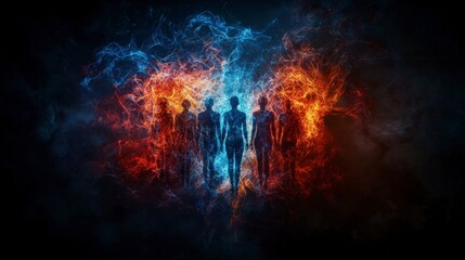 Interconnected human silhouettes embracing unity ethereal setting digital artwork vibrant environment abstract perspective