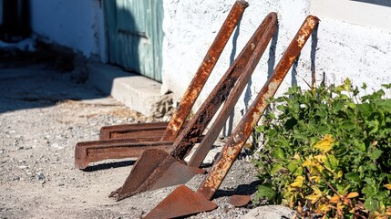 Fototapeta premium Rusty Metal Shovels Leaning Against Wall in Outdoor Setting