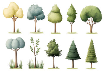 Hand drawn trees and bushes collection for game assets, isolated on white background
