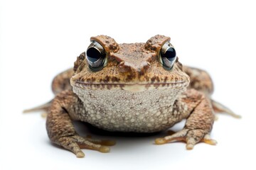 Close-up of a brown toad on white background.
