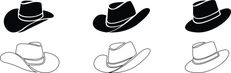 Cowboy hat icon set.west illustration sign collection.Uncle Hat Cut File, Daddy's Hat Stencil, Rodeo Vector, Howdy Clipart.Texas symbol or logo.Cowboy hat icon in silhouette style vector art illustrat