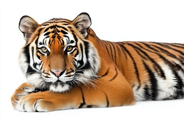 Fototapeta premium Majestic tiger resting, intense gaze.