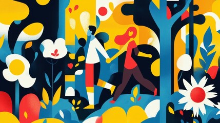 Vibrant abstract illustration of couple strolling in colorful nature setting