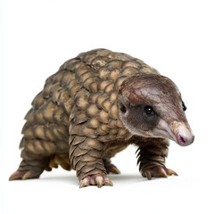 Fototapeta premium Scaly pangolin: Close-up view of a young pangolin on white.