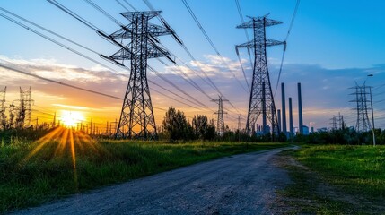 Power infrastructure development urban area photographic landscape sunset environment ground-level view energy solutions