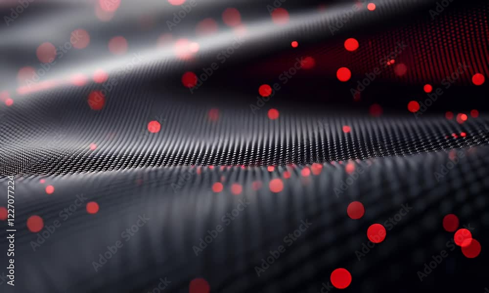 Poster red particles flowing on dark digital wave background