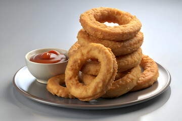 Crispy Onion Rings with Ketchup. Delicious Appetizer