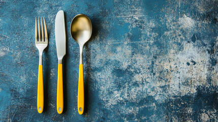 A set of flatware with handles in a bold mustard yellow, adding a pop of color to the dining table.