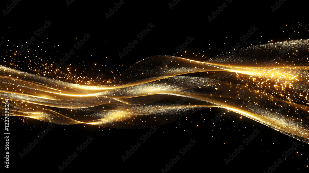 Aufkleber a flowing abstract design with golden waves and sparkling particles on a black background.