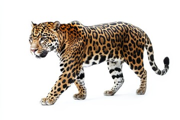 Obraz premium Majestic jaguar strides on white background