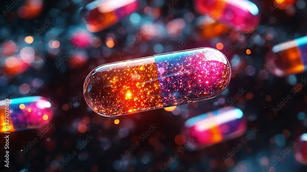 Poster colorful capsules float in the dark, surrounded by glowing particles creating a magical effect