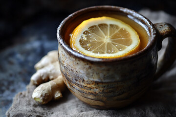 A rustic ceramic mug filled with warm lemon ginger tea, garnished with lemon slices, on a textured cloth