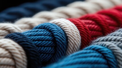 Colorful cotton rope coils, close-up textile texture, craft material