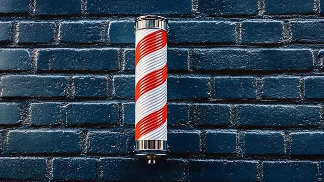 A classic barber pole with red and white stripes against a dark brick wall.