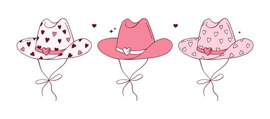 Cowgirl coquette pink hat set. Vector hand-drawn wild west headwear in trendy style. Coquette aesthetic clipart