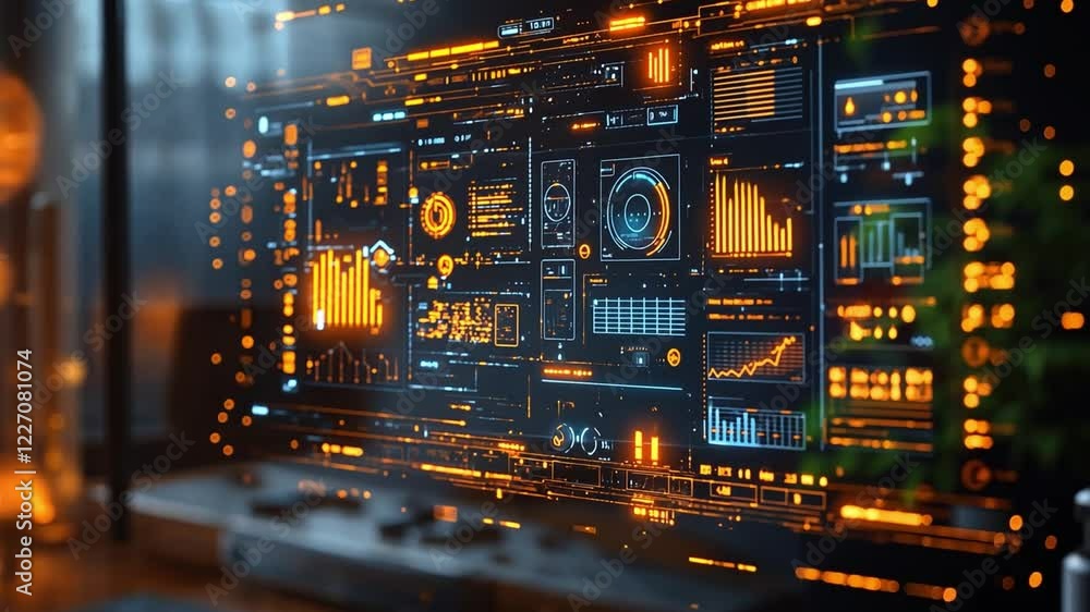 Poster advanced data visualization on a sleek display in a modern tech workspace during nighttime hours