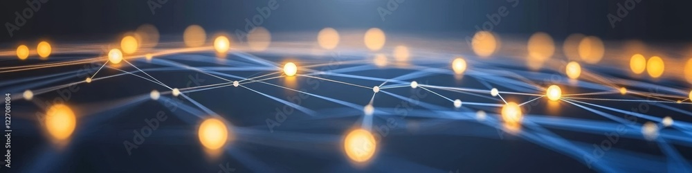 Poster glowing nodes and interconnected lines, abstract technology and data network background