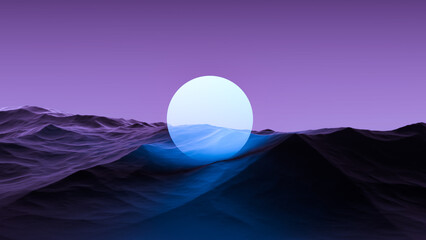 Purple mountain landscape with a glowing ball of light on the rocks and horizon. Gloomy Sci-Fi landscape,wallpaper.3D render © Binkontan