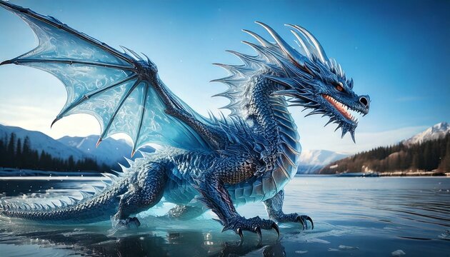 Drache im Eis mit Schneeflocken auf den Fl&uuml;geln