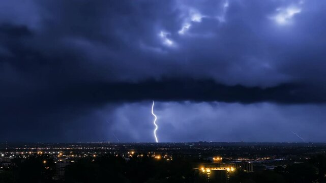 Lightning thunderstorm. Lightning strikes on a dark sky. Flashes of lightening storm over modern city residential area. Bolts striking in the horizon. Stormy Night. Thunderstorm. Thunderbolt, thunder
