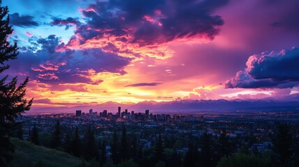 Obraz premium Vibrant Sunset Over City Skyline And Mountains