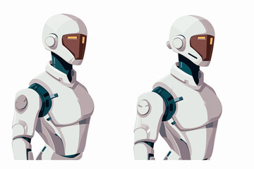 Obraz premium Futuristic illustration of two robots on white background, symbolizing artificial intelligence, automation, innovation, and modern technology