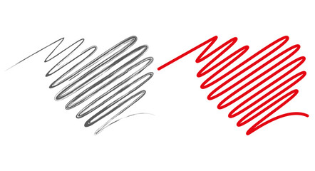 Two hearts made of doodles. Grey and red scribble hearts art. Flat vector illustration isolated on white background.