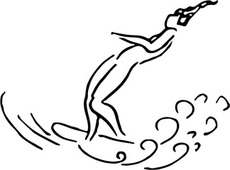 Sea, beach summer time travel. Vacation. Hand drawn vector isolated. Woman surfing 