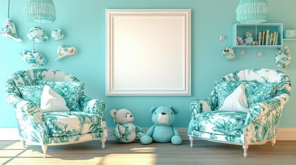 Cozy Tropical Living Room with Floral Chairs and Soft Toys