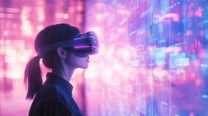 Side view of a VR user multitasking on layered holographic projects, dynamic visuals and glowing icon