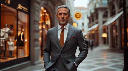 Fototapeta premium Middle-aged man in tailored suit strolls through luxury shopping district under warm lighting