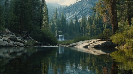 Calm waterfall reflecting in mountain lake