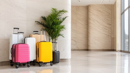 Luggage awaits in hotel lobby; travel, vacation