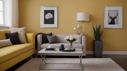 A modern stylish living room with a off-white colour fabric sofa set and photo frames displayed on the wall 3d illustration