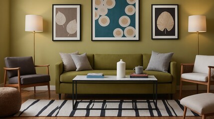 A modern stylish living room with a green designer sofa set and photo frames displayed on the wall 3d illustration