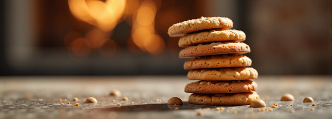 Stack of Speculoos cookies in cozy living room, warm indulgence