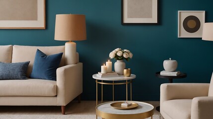 A modern stylish living room with a off-white colour fabric sofa set and photo frames displayed on the wall 3d illustration