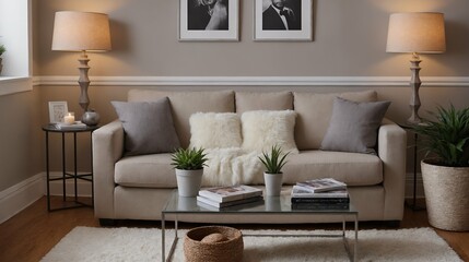 A modern stylish living room with a off-white fabric designer sofa set and photo frames displayed on the wall 3d illustration