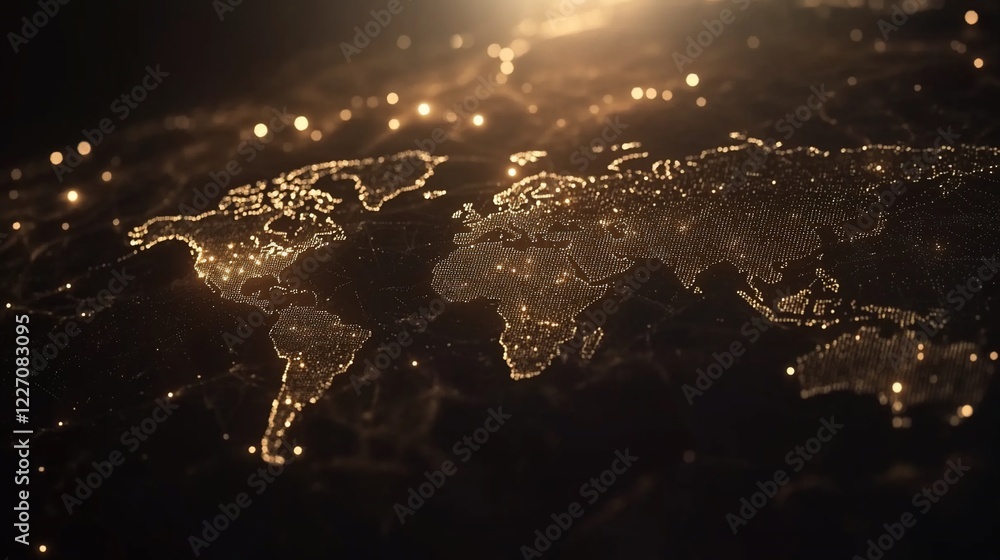 Poster digital world map illuminated with golden lights on a dark background showing continents