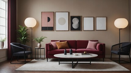 A modern stylish living room with a designer sofa set and photo frames displayed on the wall 3d illustration